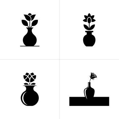 Basit grafik gösterileri vazolarda dört siyah çiçek aranjmanı. Çiçekler, güller, laleler ve diğer botanik elementler de dahil olmak üzere beyaz arka plandaki görüntüler arasında farklılık gösterirler..