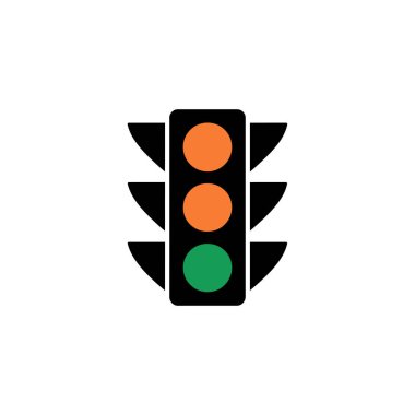 Düz bir vektör grafiği, tepesinde ve ortasında iki kehribar lambası olan siyah bir trafik ışığına ve altta da güvenli bir şekilde gidilmesi için sinyal veren yeşil ışığa sahiptir..