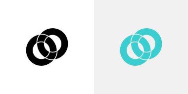 Basit, düz tasarım halka ikonu siyah ve cyan renk şeması ile birbirine kenetlenmiş, nötr beyaz zemin üzerinde izole edilmiş. Temiz tasarlanmış geometrik şekiller.