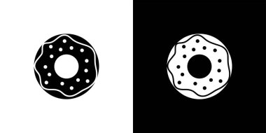 Ayrı grafikler iki donut simgesi gösteriyor, biri beyaz arkaplanda siyah kremalı, diğeri siyah arkaplanda beyaz kremalı, ters monokrom tarzında..