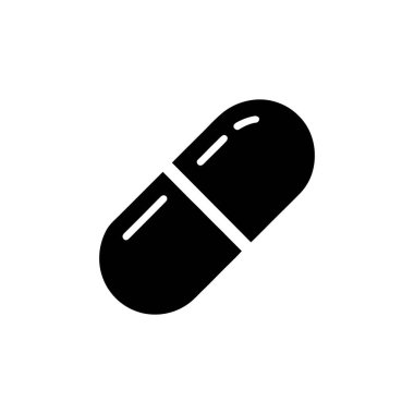 Depicting medicine in a solid style, the image showcases a black capsule pill. The pill has a line on its surface, and it is set on a transparent backdrop.