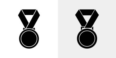 İzole edilmiş siyah madalya ikonları beyaz ve açık gri arka planda sergilenir. Her madalyanın siyah bir kurdelesi ve minimalist bir tasarımı var, başarıyı simgeliyor..