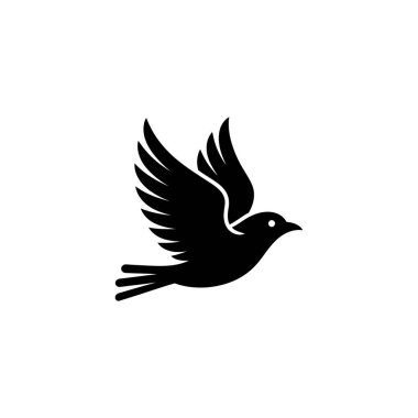 A clean, minimalist vector image of a black bird in flight, presented in silhouette with detailed open wings against a crisp white backdrop.