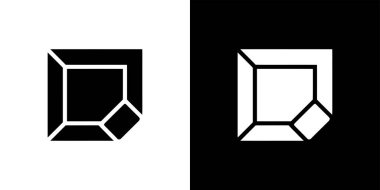 Karşıt siyah ve beyaz versiyonlarda sunulan kare ve eşkenar dörtgen elementleri içeren geometrik bir şeklin minimalist simge tasarımı.