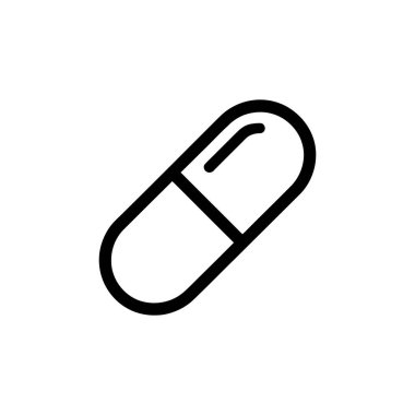 Isolated on white, the minimalist pill icon features clean, bold lines forming a simple capsule shape. Represents health, medicine, pharmaceutical themes with a simple clarity, and has a transparent backdrop.