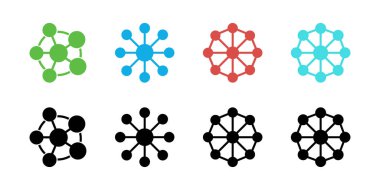 Çeşitli bağlantı simgelerini göster. Üst satırın yeşil, mavi, kırmızı ve cyan renkli versiyonları var. Alt satır beyaz arkaplana karşı siyah sürümleri gösterir.