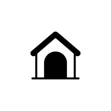 Bu resim, üçgen bir çatısı, yuvarlak bir kapısı ve temiz, siluet bir tasarımı olan düz bir tabanı olan minimalist bir siyah-beyaz köpek kulübesi ikonunu gösteriyor..