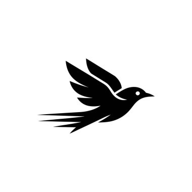 This minimalist black and white image presents an elegant, stylized bird in mid-flight, featuring a sleek design and streamlined feathers against a clean background.