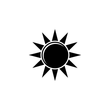 Isolated black and white vector graphic shows a simple sun icon with a round center and sharp, triangular rays extending outward in all directions.