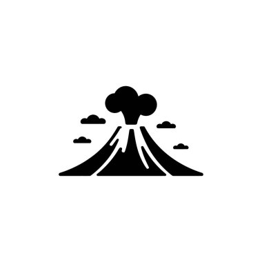 Tarzlı bir siyah-beyaz çizimi, tepesinde duman bulutu ve dağın etrafını saran küçük bulutlarla patlayan bir yanardağ içerir..