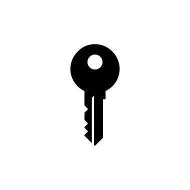 Minimalist bir illüstrasyonda, yuvarlak başlı ve tırtıklı kenarlı, güvenlik ve erişimi vurgulayan tek bir katı siyah anahtar gösterilir..