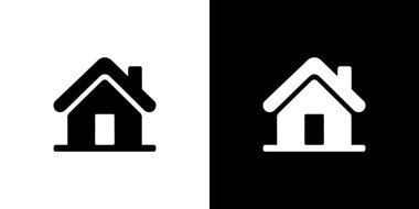 Siyah beyaz arka planda izole edilmiş ev ikonu, baca, çatı, kapı, temiz çizgiler ve basit vektör sanatı içeriyor. Tasarım projeleri için ideal.