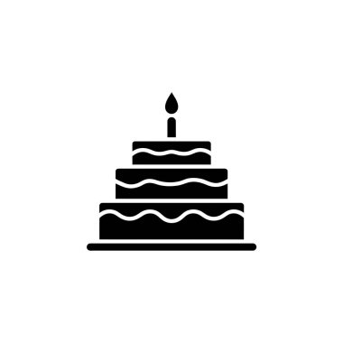 Bu çarpıcı grafik, beyaz arka planda tek bir mum ile süslenmiş üç katmanlı bir pastanın siyah siluetini gösteriyor. Kutlamalar için mükemmel..
