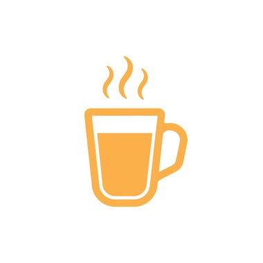 Şeffaf siluet simgesi, beyaz izole edilmiş arka planda üç yükselen buhar girdabı şeklinde sıcak sıvıyla dolu turuncu cam bardak gösteriyor..