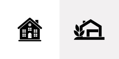 İki farklı siyah ev ikonu parlak bir arka planda sergileniyordu, biri geleneksel tarzda bir ev, diğeri ise yaprak detaylarıyla modern bir tasarım, gayrimenkulleri temsil ediyor..