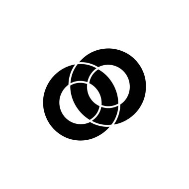 Resim, soyut bir grafik tasarımı yaratarak, beyaz bir arkaplanda birbirine kenetlenmiş iki siyah daireye sahiptir. Temiz çizgiler şekilleri belirler, minimalist kavramlar için ideal.