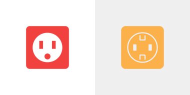 Kare şeklinde iki duvar çıkış simgesi. Biri kırmızı, diğeri sarı, her ikisi de temiz beyaz arka planda izole edilmiş. Modern ve elektrik illüstrasyon.