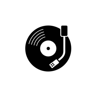 Basitleştirilmiş siyah siluette, şeffaf, şeffaf bir arkaplana karşı ayarlanmış bir oynatıcı üzerinde vinil bir kayıt gösteren bir turntable simgesi.