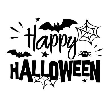 Mutlu Cadılar Bayramı vektör harfleri. Örümcek ağlı el yazısı ve tebrik kartları, süblimleşme, posterler, davetiyeler, afişler ve benzeri şeyler için yarasalar..