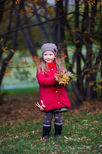 Little girl with yellow leaves in autumn park — Stock Photo, Image