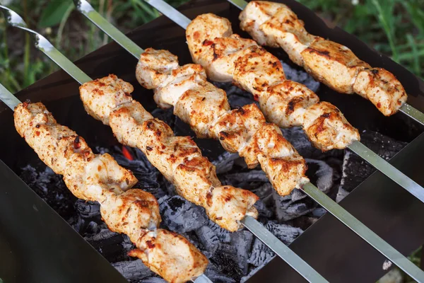 Espetos de churrasco com carne no braseiro. Galinha shish kebab — Fotografia de Stock