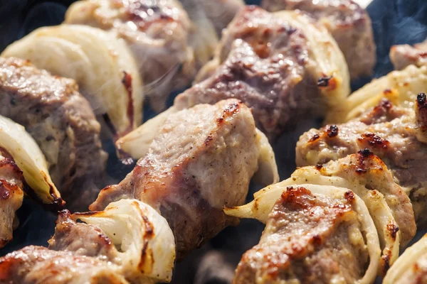 Barbecue skewers with grilled pork meat on the brazier — Stock Photo, Image