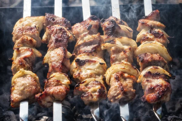 Barbecue skewers with grilled pork meat on the brazier — Stock Photo, Image