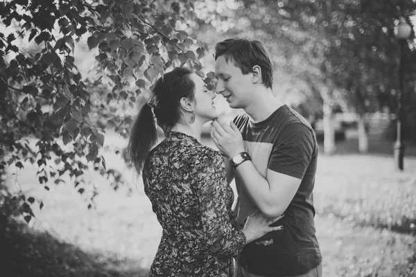흑인과 백인 사진입니다. 공원에서 산책 하는 사랑에 행복 한 커플 — 스톡 사진