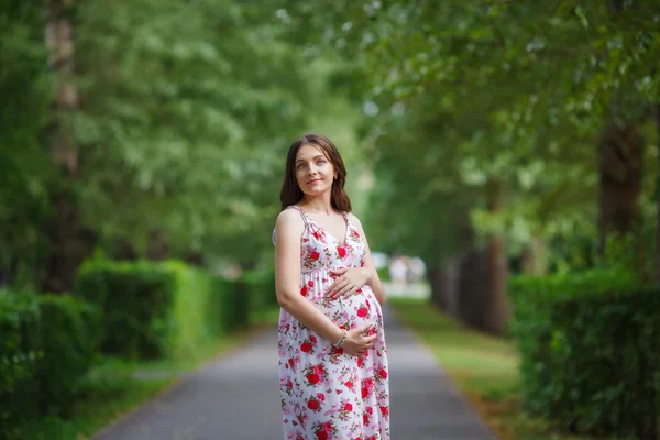 Mulher grávida tocando sua barriga com as mãos — Fotografia de Stock