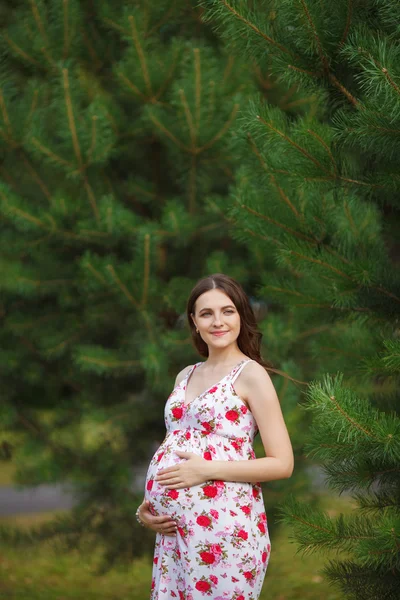 Mulher grávida tocando sua barriga com as mãos — Fotografia de Stock