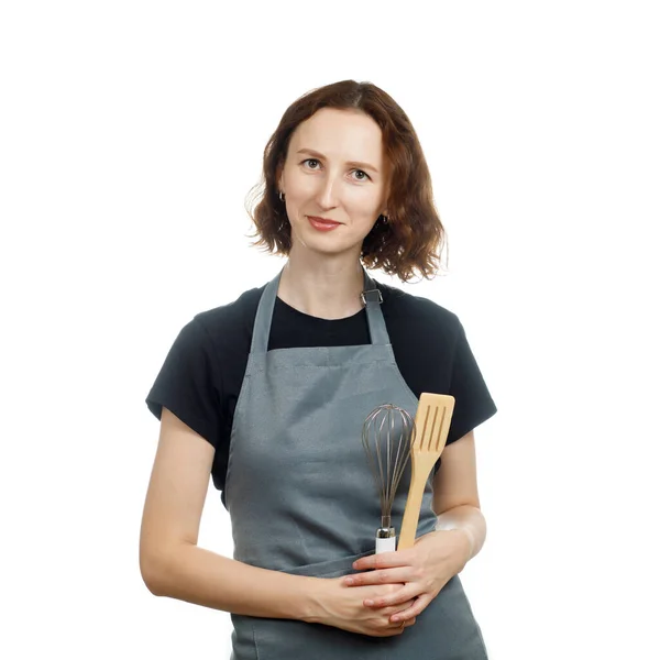Σεφ Γυναίκα Ποδιά Εργαλεία Κουζίνας Απομονώνονται Λευκό Φόντο Εικόνα Αρχείου