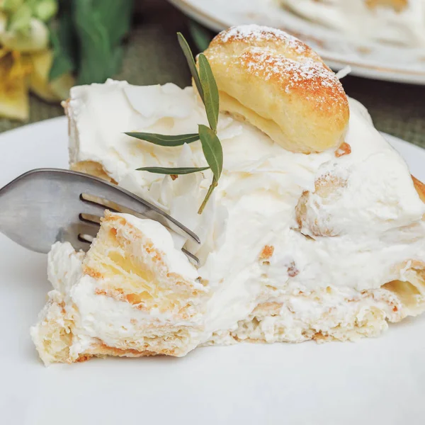 Piece Cake Ladyfingers Whipped Cream Plate Macro — Stock Photo, Image