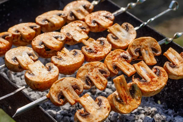 Barbecue Skewers Delicious Grilled Champignon Mushroom Kebab Brazier — Stock Photo, Image