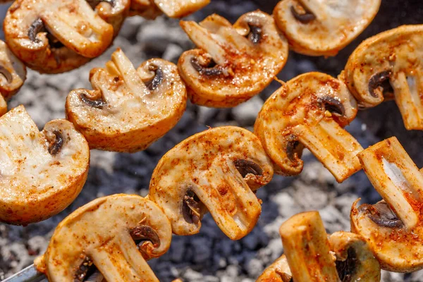 Barbecue Skewers Delicious Grilled Champignon Mushroom Kebab Brazier — Stock Photo, Image