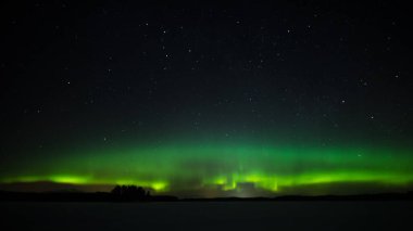 Finlandiya 'nın Pirkanmaa ormanlarında donmuş ve karlı bir göl üzerinde yeşil aurora borealis.