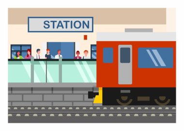 Banliyö treni yolcularla dolu tren istasyonuna vardı. Basit düz resimleme