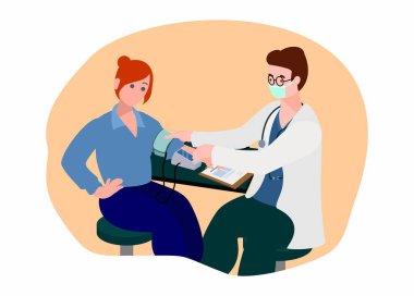 Kadın kan basıncını erkek bir doktora kontrol ettiriyor. Basit düz resimleme.