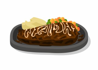 Elektrikli ocakta biftek. Basit düz resimleme.