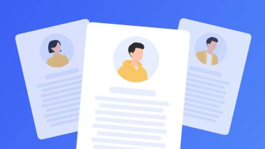 Mavi gradyan arka planda yüzsüz avatarlara sahip özgeçmiş ve CV belgelerine devam edin.