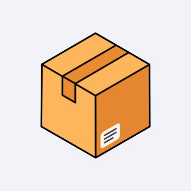 Açık gri zemin üzerinde siyah çizgili, dağıtım uygulamaları için fotokopi alanı olan Neobrutalizm tarzında kalın izometrik karton nakliye kutusu