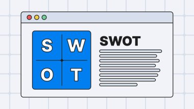 Kalın hatlı mavi kiremitler ve şebeke arkaplanı pankart ve sunum için uygun olan bir tarayıcı penceresindeki cesur swot analiz düzeni
