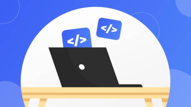 Siyah dizüstü bilgisayarı ve mavi kod simgeleriyle düz asgari kodlama sahnesi yumuşak mavi arkaplan ve pankart için uygun ahşap masa