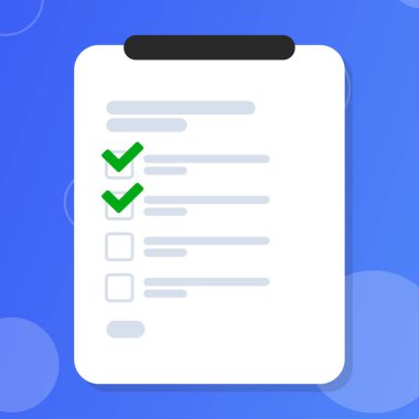 Mavi gradyan düz stili yeşil işaretli beyaz pano kontrol listesi web sitesi afişi ve pazarlaması için ideal yumuşak gölgeli