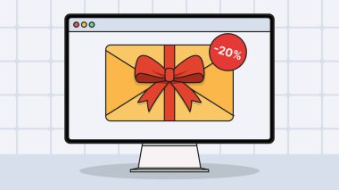 Işık şebekesi arka plan monitörlü Neo gaddarlığı pazarlama afişi için kırmızı ve sarı renklerde hediye zarfı ve satış rozeti gösteriyor