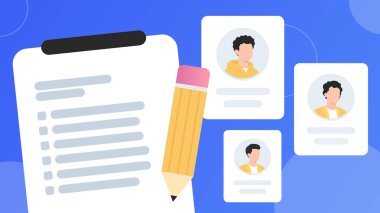 Pano kalem ve mavi gradyan üzerinde aday profil kartları ile düz işe alma hr arka planı pano ve sunumlar için ideal 