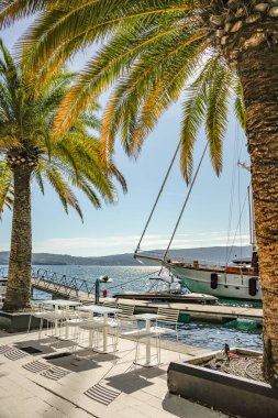 İki tarafta da sandalyeli bir masayı çerçeveleyen iki palmiye ağacı ve marinada bir yat yayı manzarası. Tropikal atmosferli güneşli Akdeniz kıyısı manzarası, açık hava oturma ve lüks seyahat yaşam tarzı.