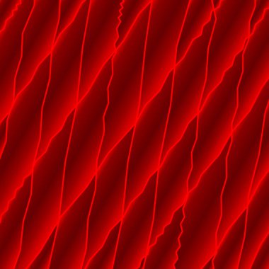 Kavisli kırmızı kurdeleler ve parlak çizgilerin aynalı kare parçaları. Modern iş tarzı için soyut dijital fraktal doku ve yarım ton etkisi