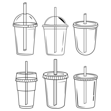 Set of plastic drink cups with lids and straws in clean outline style vector