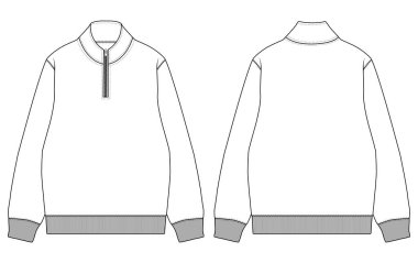 Erkekler Yarı Zip Sweatshirt Çekici Vektör Teknik Çizim Önü ve Arka Görünüm