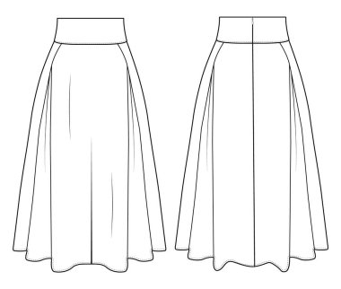 Kadınlar Uzun Alevli Etek Teknik Çizim Önü ve Arka Görünüm Vektörü